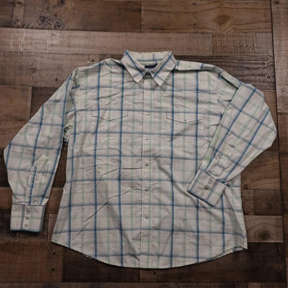 Wrangler Men's Long Sleeve Western Pearl Snap Shirt – 2XL – Blue & Green Plaid